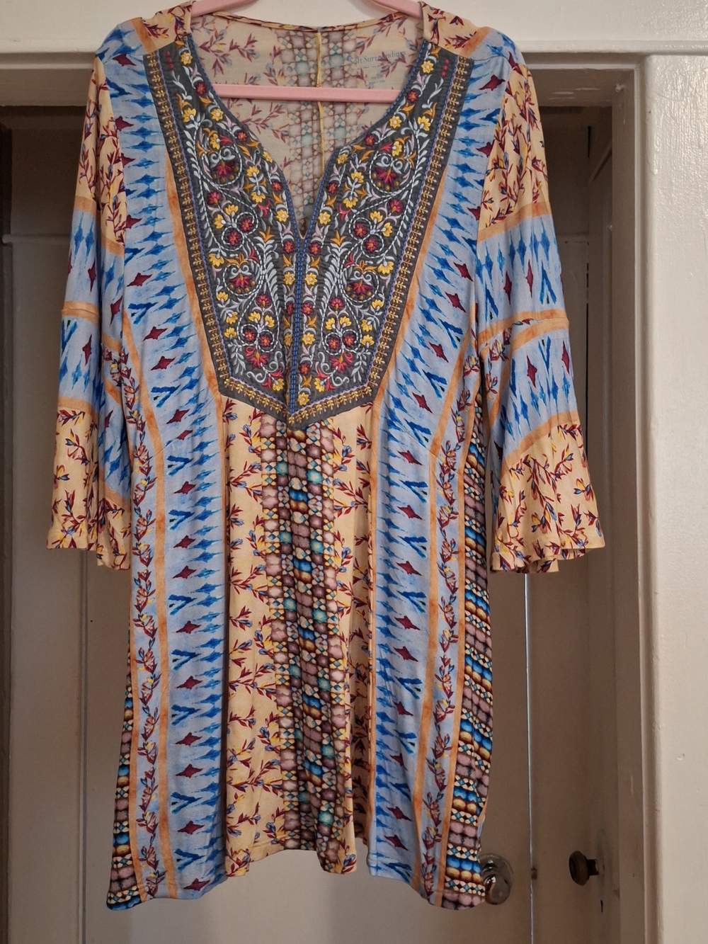 Soft Surroundings Yellow and Blue Embroidered Boho Tunic